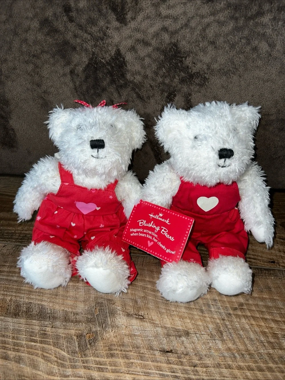 Retro Hallmark White Plush Kissing Bears in Red Outfits